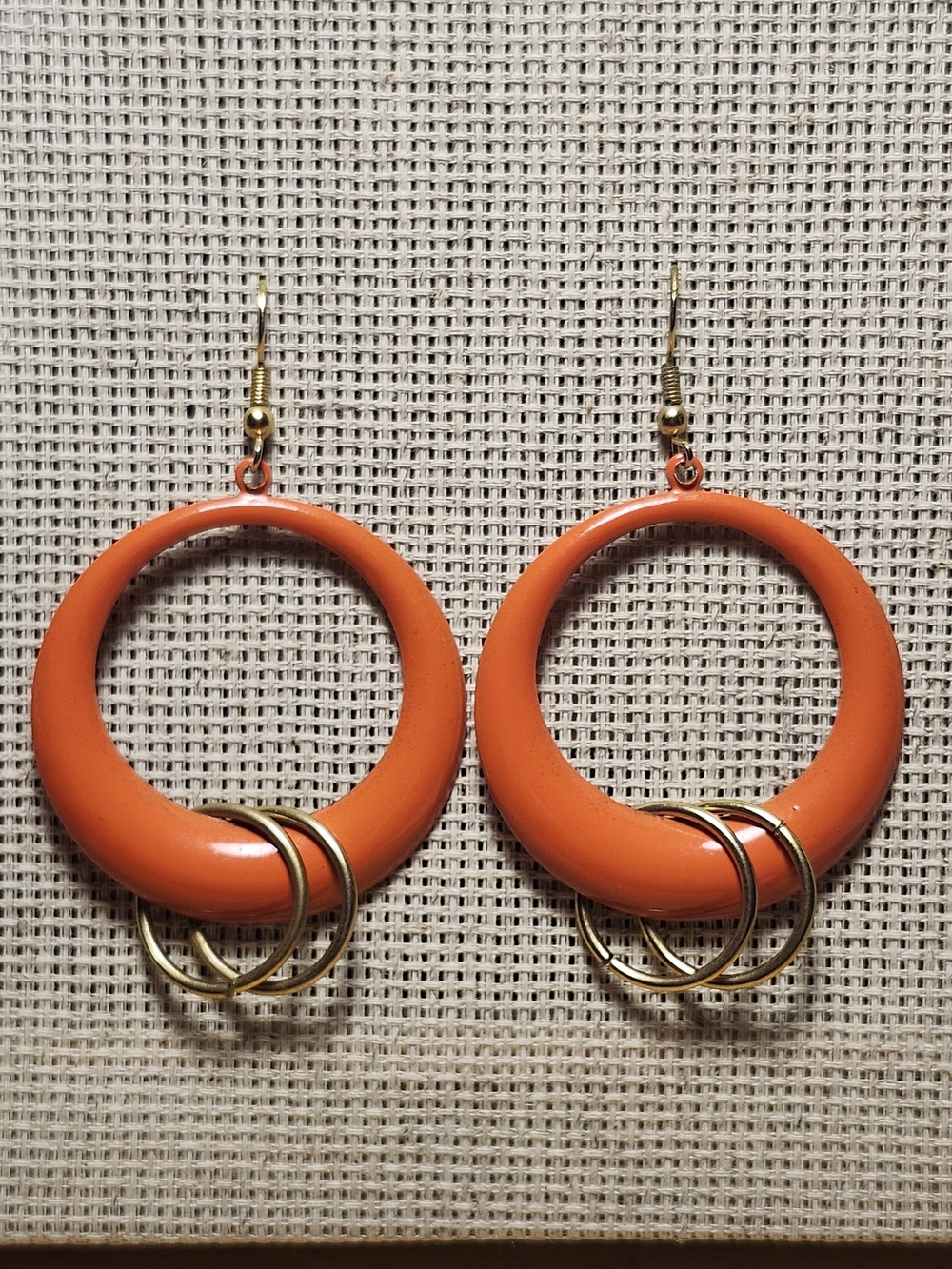 Vintage 80s Orange Metallic Hoop Drop Earrings with Gold-Toned Rings